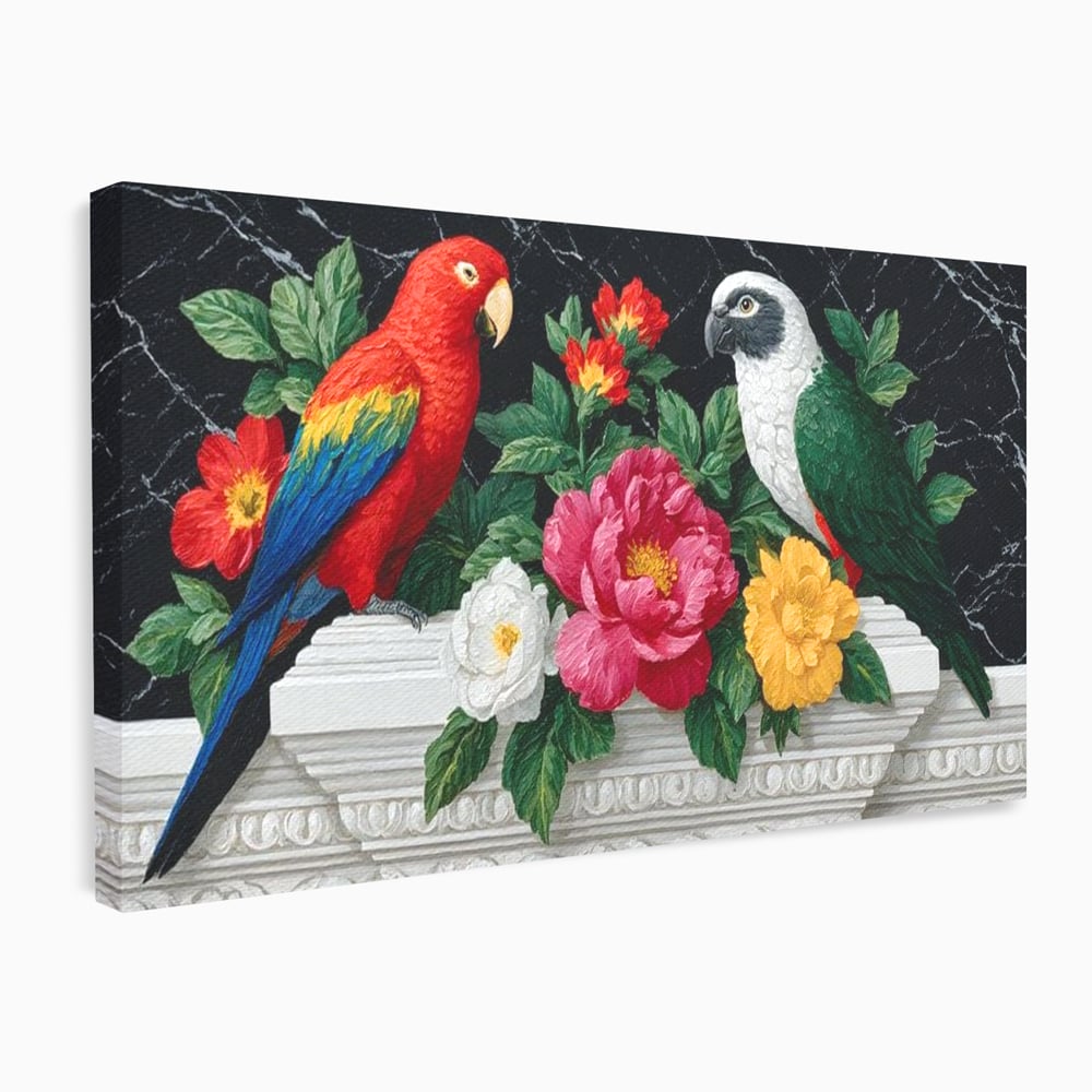 Tablou canvas cu pictura cu papagali si flori, fara rama, pe sasiu de lemn